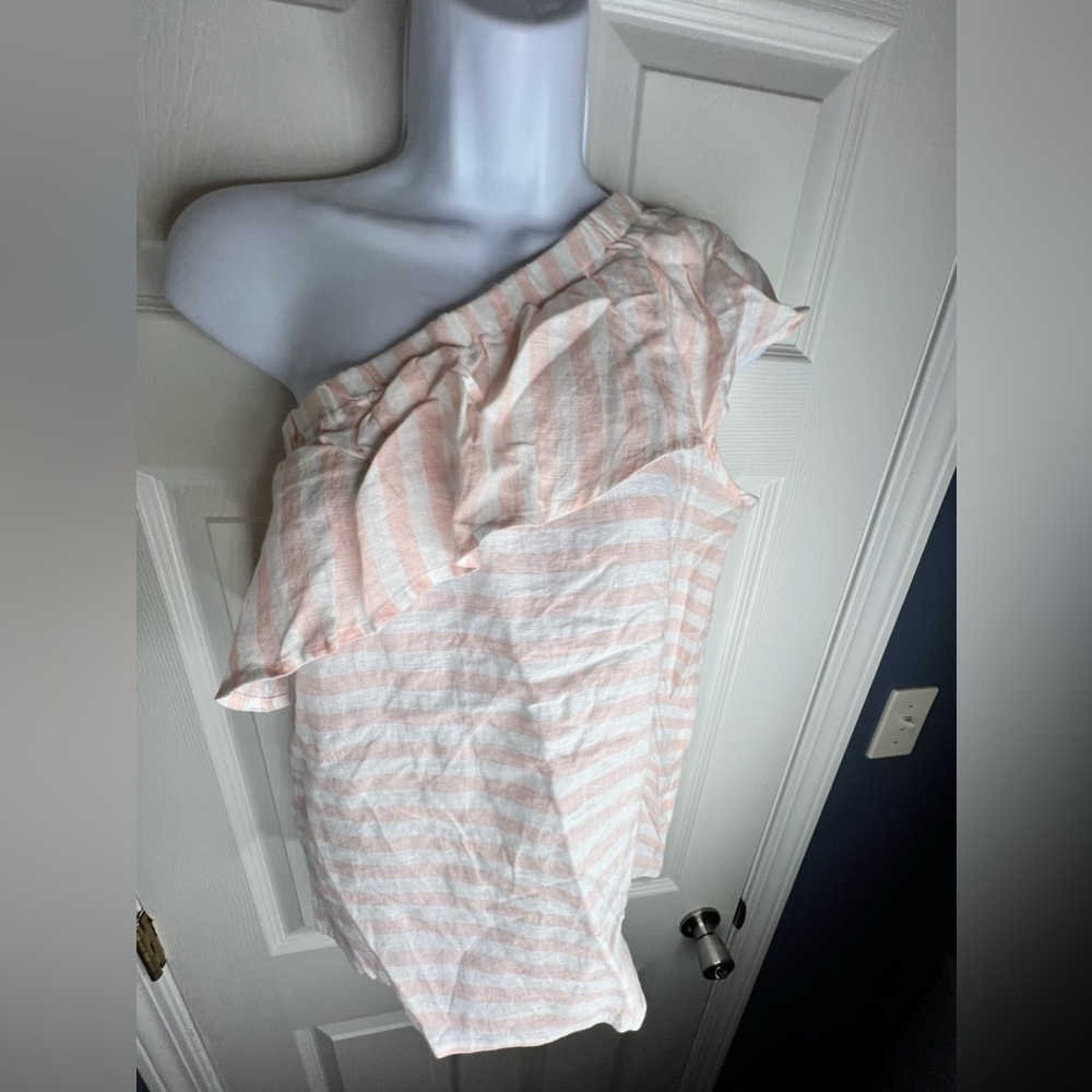 NWT Vince Camuto Womens X Small Linen Pink Stripe Adair One Shoulder Top XS - Picture 5 of 11